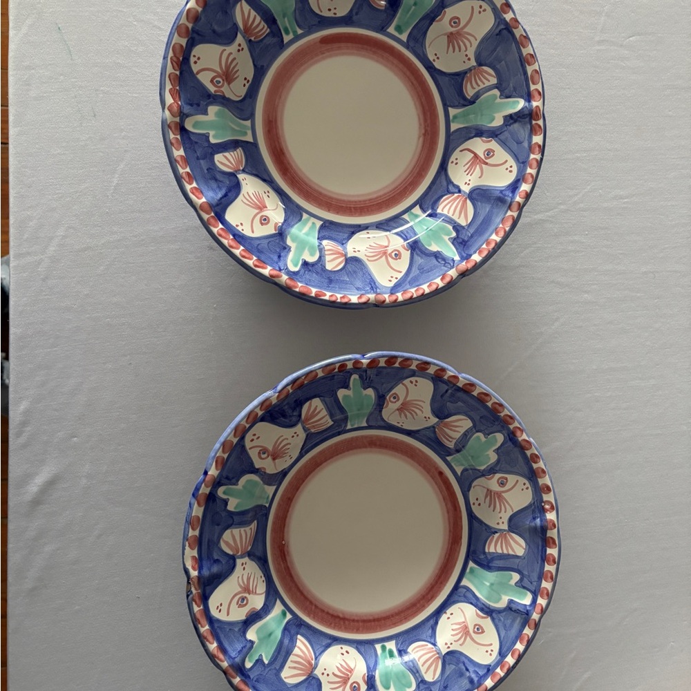 Vietri Italy hand painted Fish Pasta Bowls set of 2 Blue Coastal Majolica (exc)